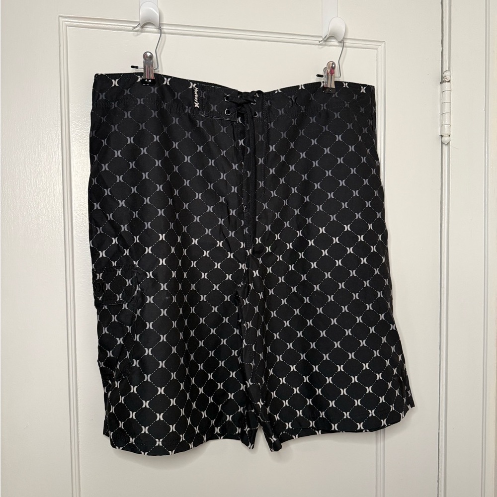 Black and White Patterned Swim Trunks
